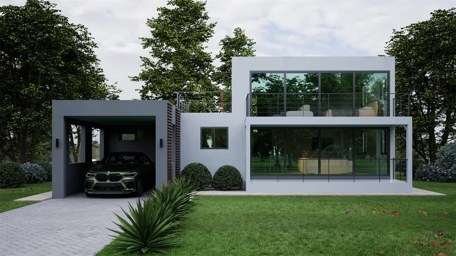 Photorealistic render of a modern glass-fronted residence with a black SUV parked in the covered carport.